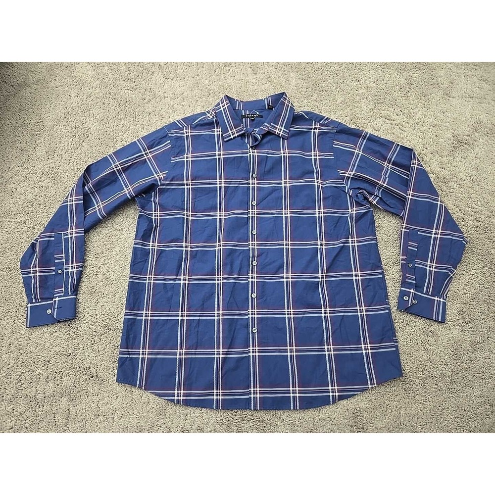 Synrgy Button Up Shirt Mens 1XLT TALL Blue Plaid 100% Cotton‎ Preppy Casual
